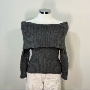 BEBE 100% Cashmere Gray Knit Off The Shoulder Sweater Size S